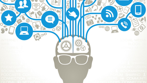 social network, communication in the global computer networks. silhouette of a human head with an interface icons