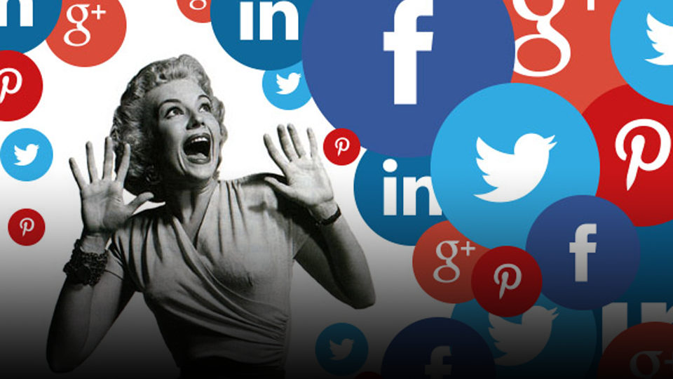 A woman screaming in fear of being attacked by social media logos