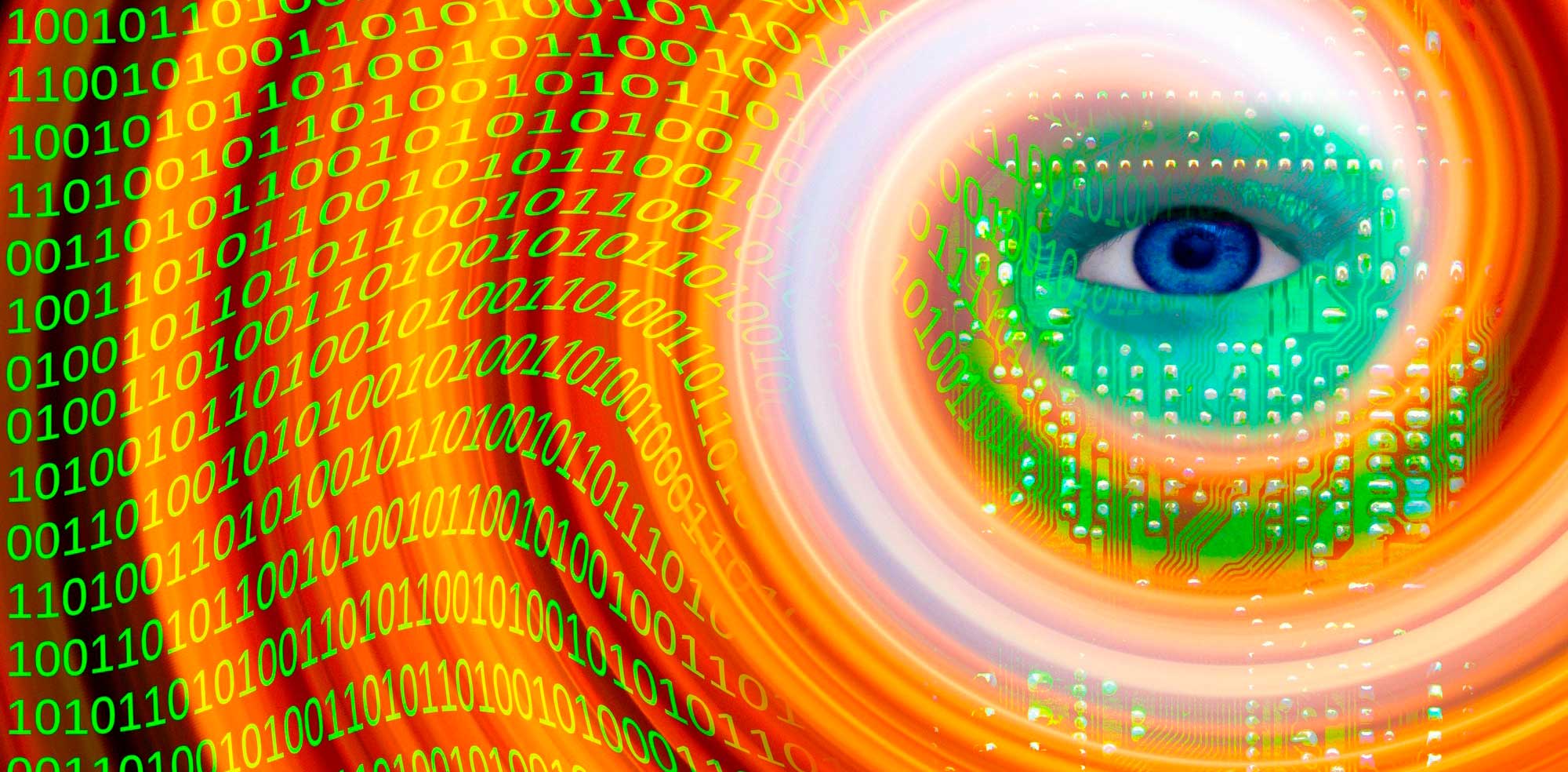 graphic of a human eye surrounded by digital data